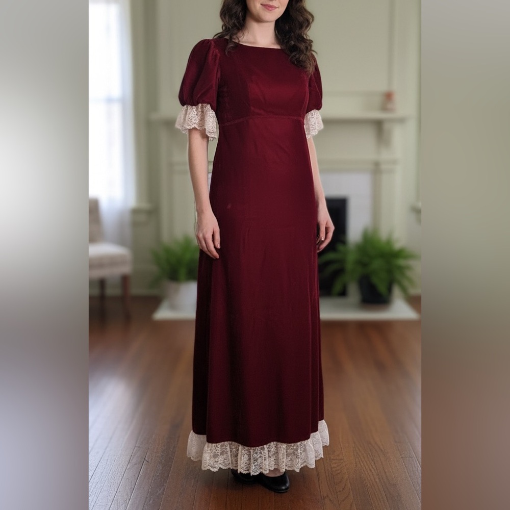 Vintage Velvet Victorian Red Crush Dress White Lace 1960’s Rare Red Dress - Picture 1 of 11